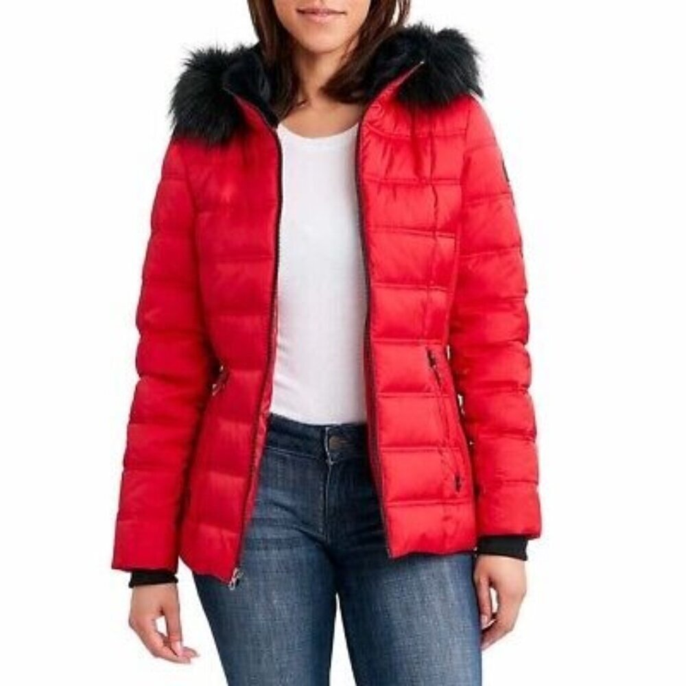 Nautica red puffer jacket with faux fur collar size M